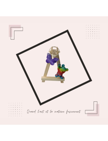 Porte-clé Ourson Arc-en-Ciel & Papillon Violet