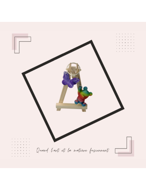 Porte-clé Ourson Arc-en-Ciel & Papillon Violet