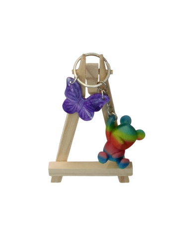 Porte-clé Ourson Arc-en-Ciel & Papillon Violet